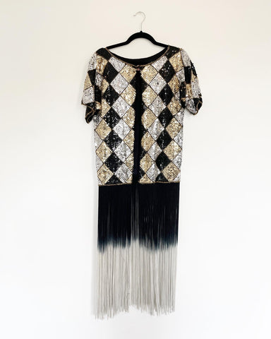 Sequin Vintage top with Black/Grey Ombre Fringe