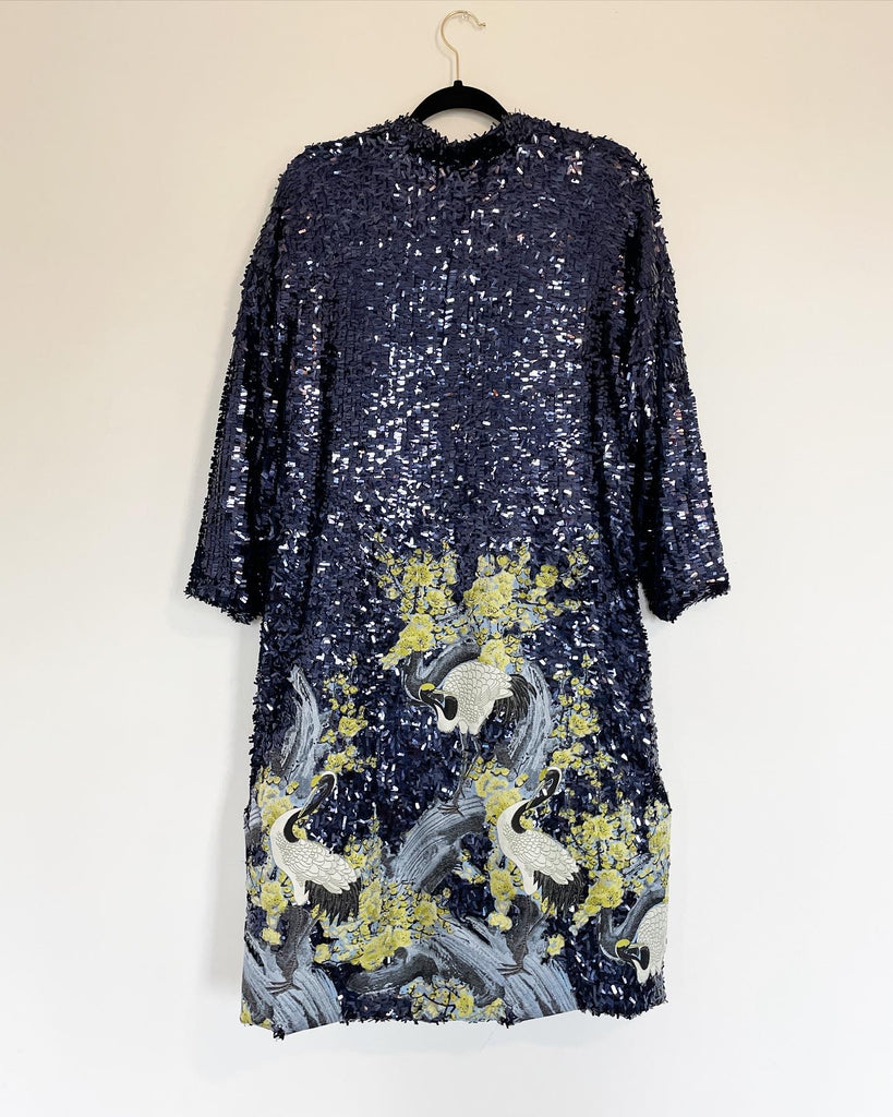 Navy Square Sequin Caftan with Crane