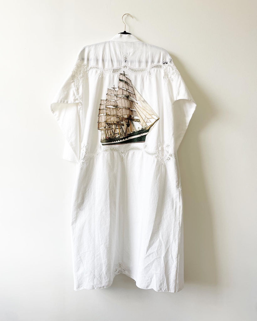 White Vintage Cotton Lace with Ship Caftan