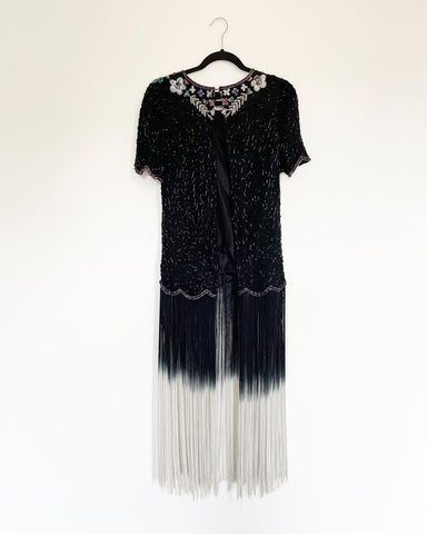 Vintage Beaded Top with Grey/Black Fringe