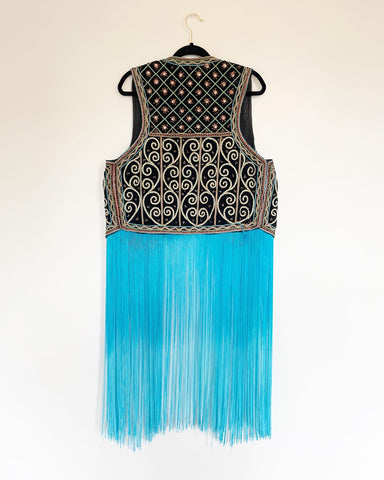 Vintage Beaded Vest with Blue Fringe