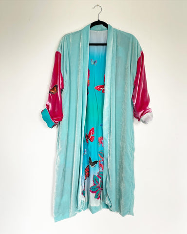 Blue and Pink Velvet Caftan with Butterfly Artwork