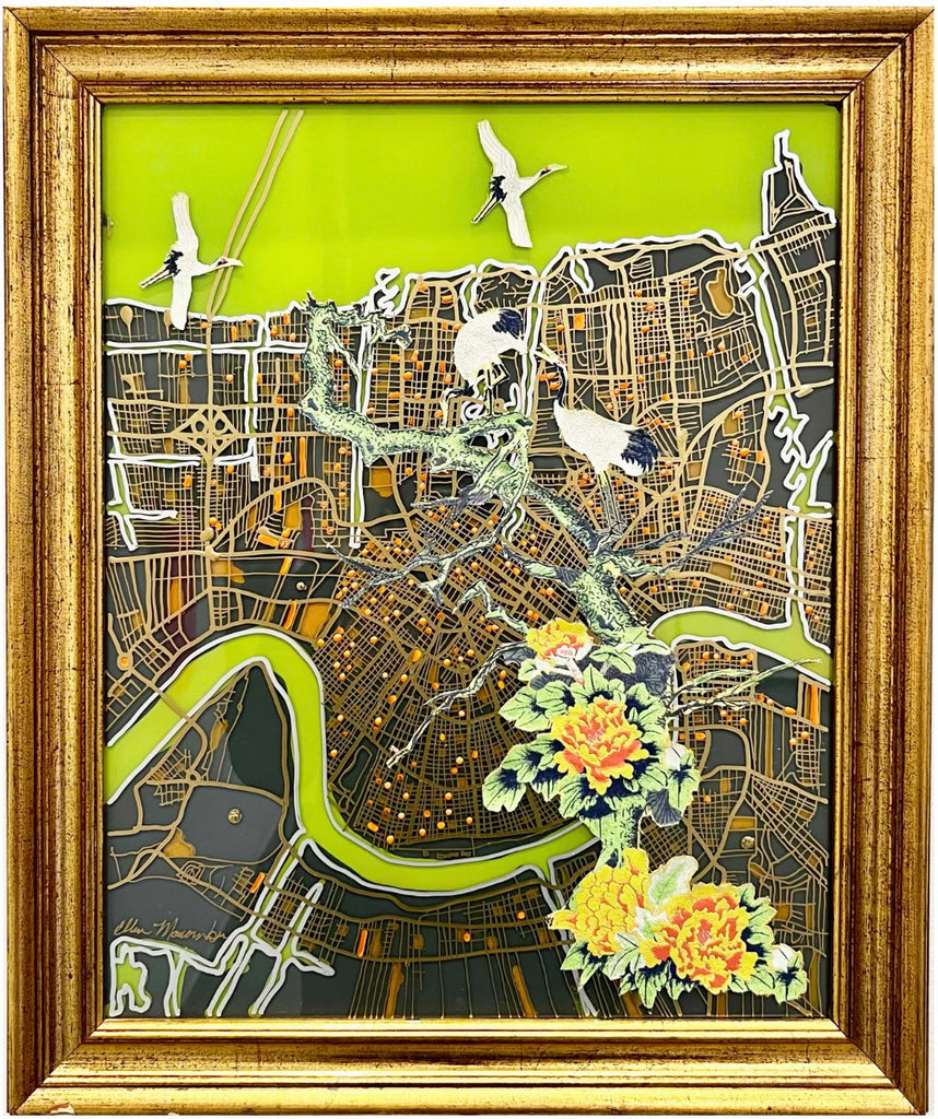New Orleans Map Painting with Crane Appliqué Artwork