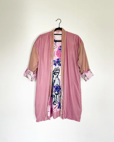 Multi Pink Silk Velvet Caftan with Nudes and Iris Artwork