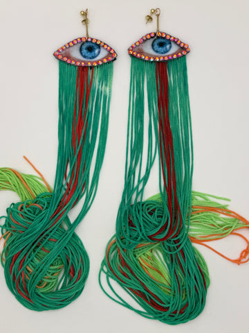 Velvet Eye Earrings with Multi Colored  Fringe and Swarovski Crystals (Multiple Color Options)