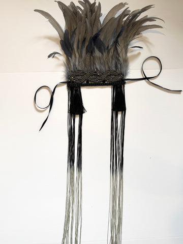 Grey with black ombre fringe Tie Around Headdress