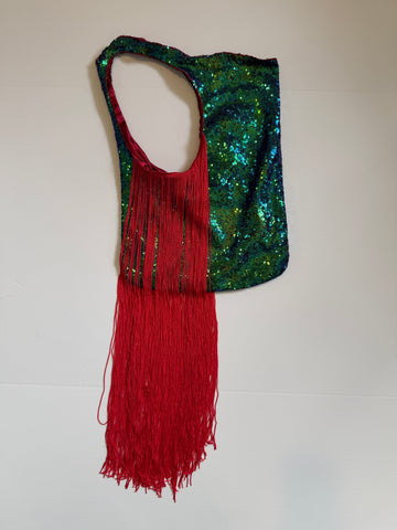Green Sequin with Red Fringe Carnival Bag
