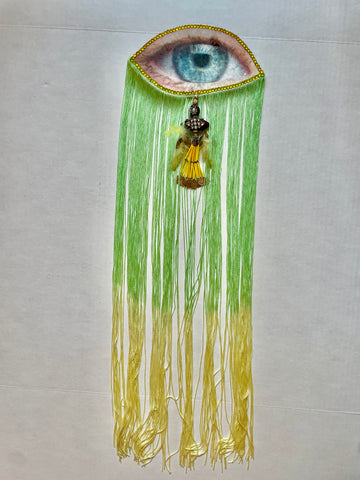 Large Green/Yellow Ombre Fringe Eye Brooch/Ornament/Ski Appliqué