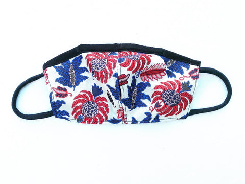 Red, Blue, White Floral Brocade Face Mask with Straw Hole