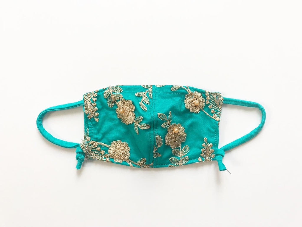 Beaded Gold Lace over Turquoise Face Mask with Straw Hole ( N E W )