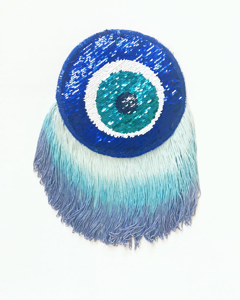Sequin Evil Eye with Short Blue Ombre Fringe