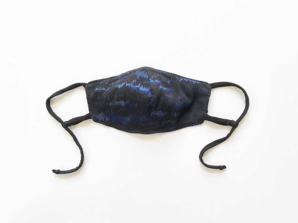 Blue and Black Abstract Brocade Face Mask with Straw Hole