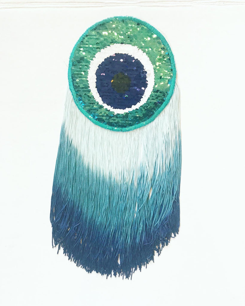 Evil Eye Sequin Appliqué with Blue Ombre Fringe