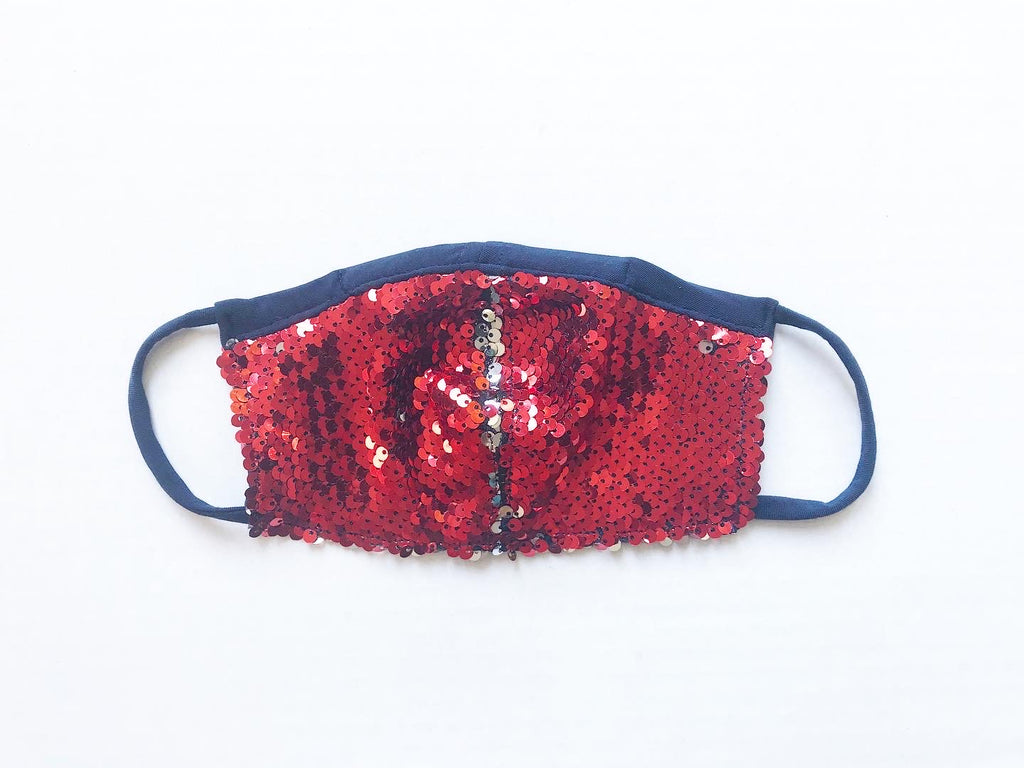 Red and Silver Flip Sequin Face Mask with Straw Hole