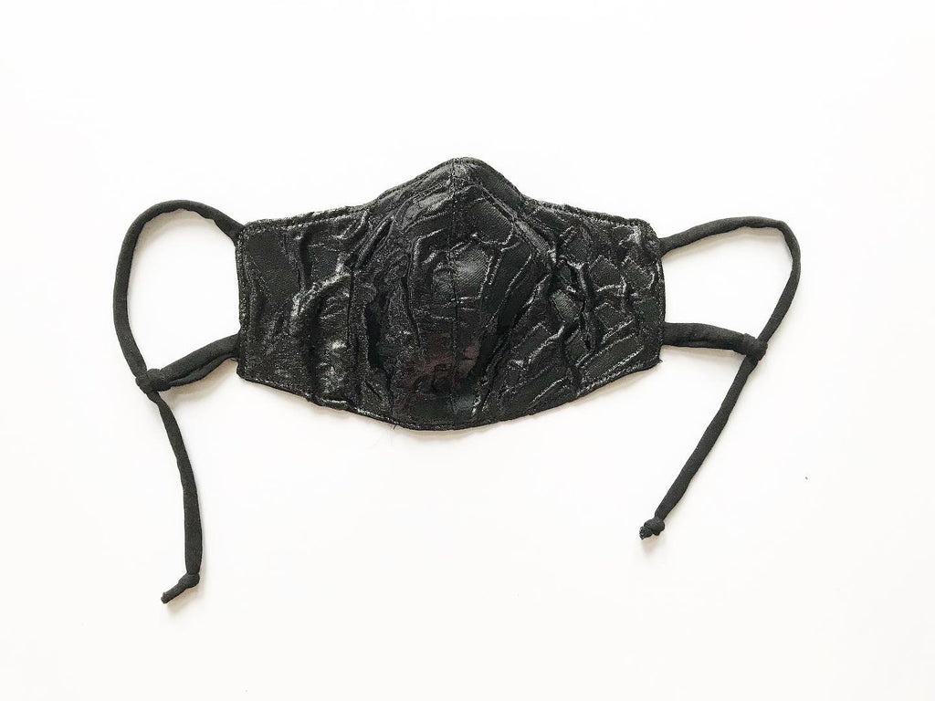 Black Metallic Brocade Face Mask with Straw Hole