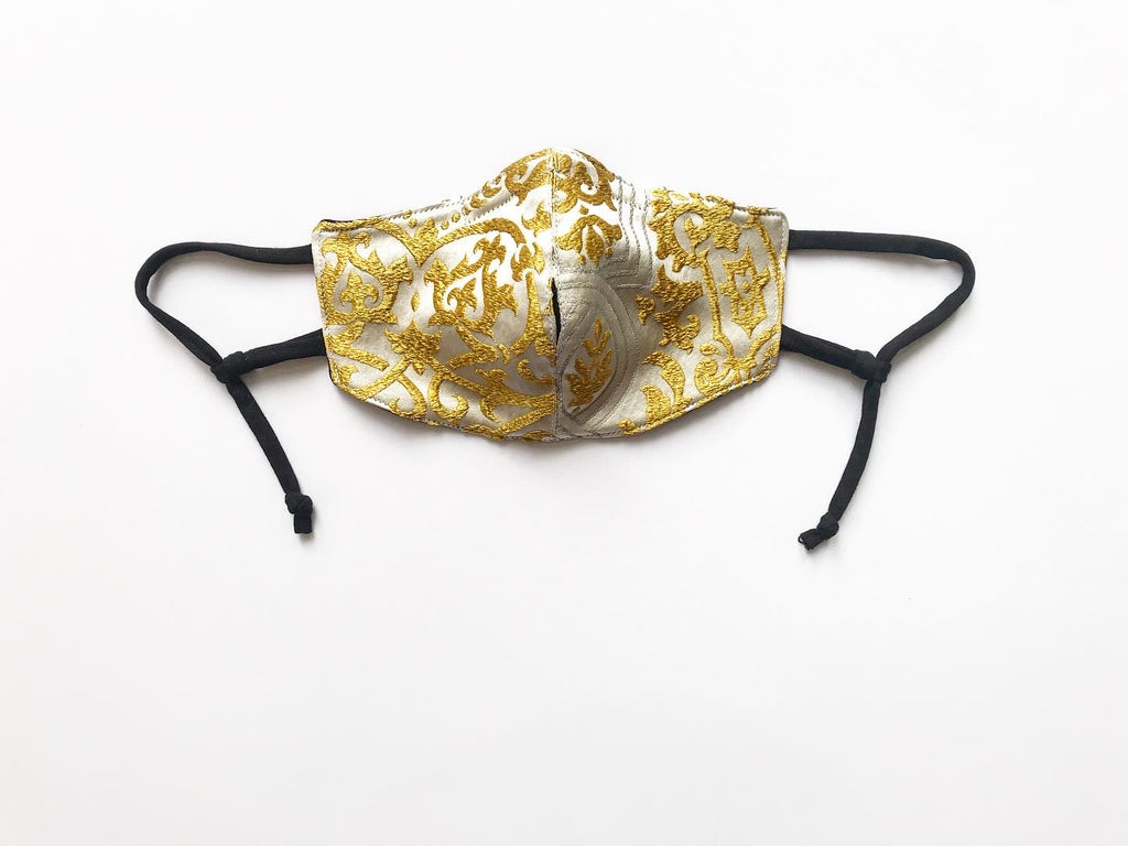 Gold White Brocade Face Mask with Straw Hole