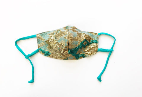 Turquoise and Silver Diamond Brocade Face Mask with Straw Hole