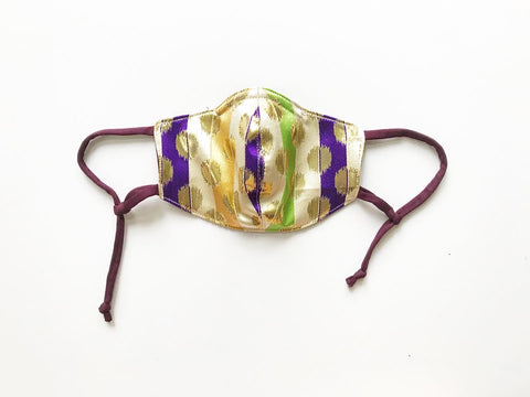 Gold Spheres on Purple, Green, and Gold Stripes Face Mask with Straw Hole