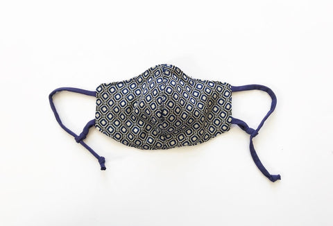 Navy/Grey Silk Brocade Face Mask with Straw Hole