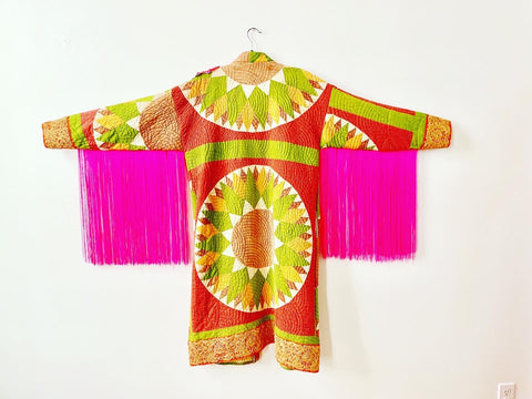 Quilted Caftan with Shoulder Art and Fringe