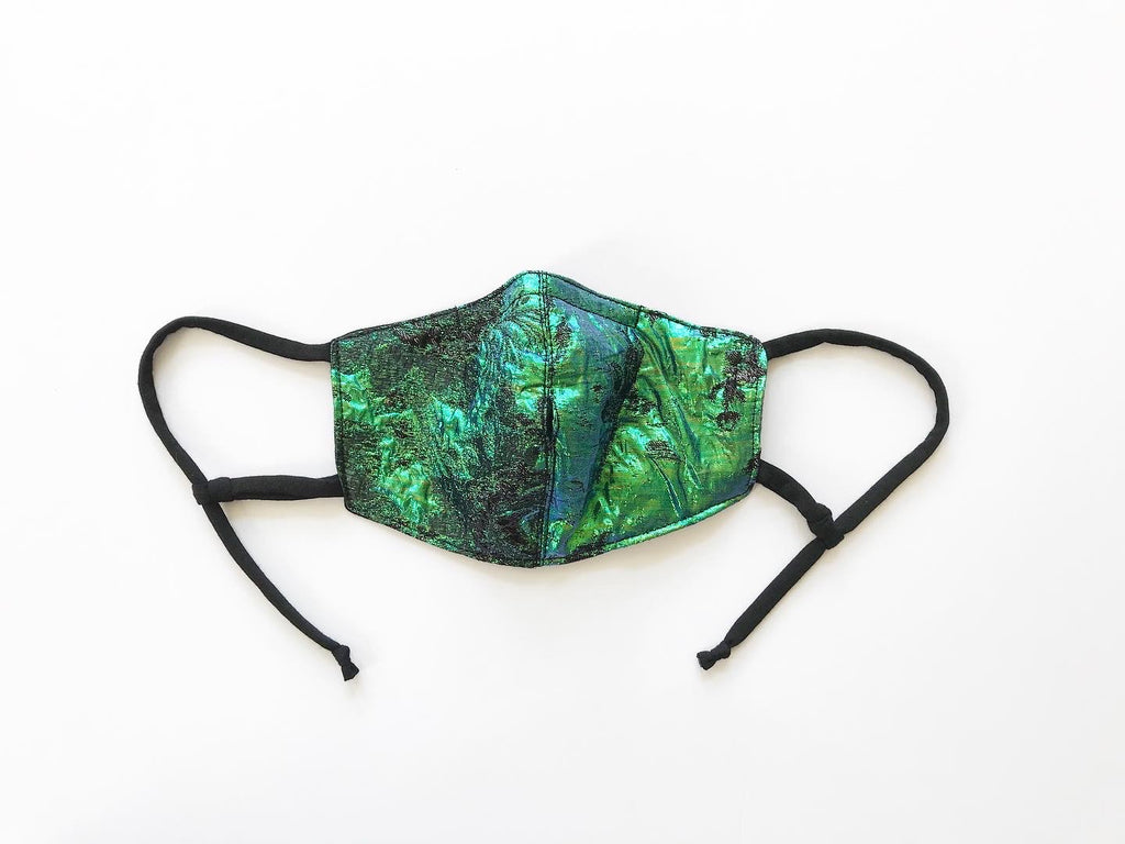 Green Metallic Brocade Face Mask with Straw Hole