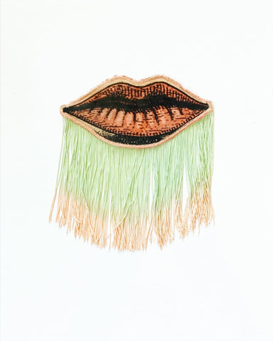 Lip Appliqué with Mint Green/ Peach Ombre Fringe