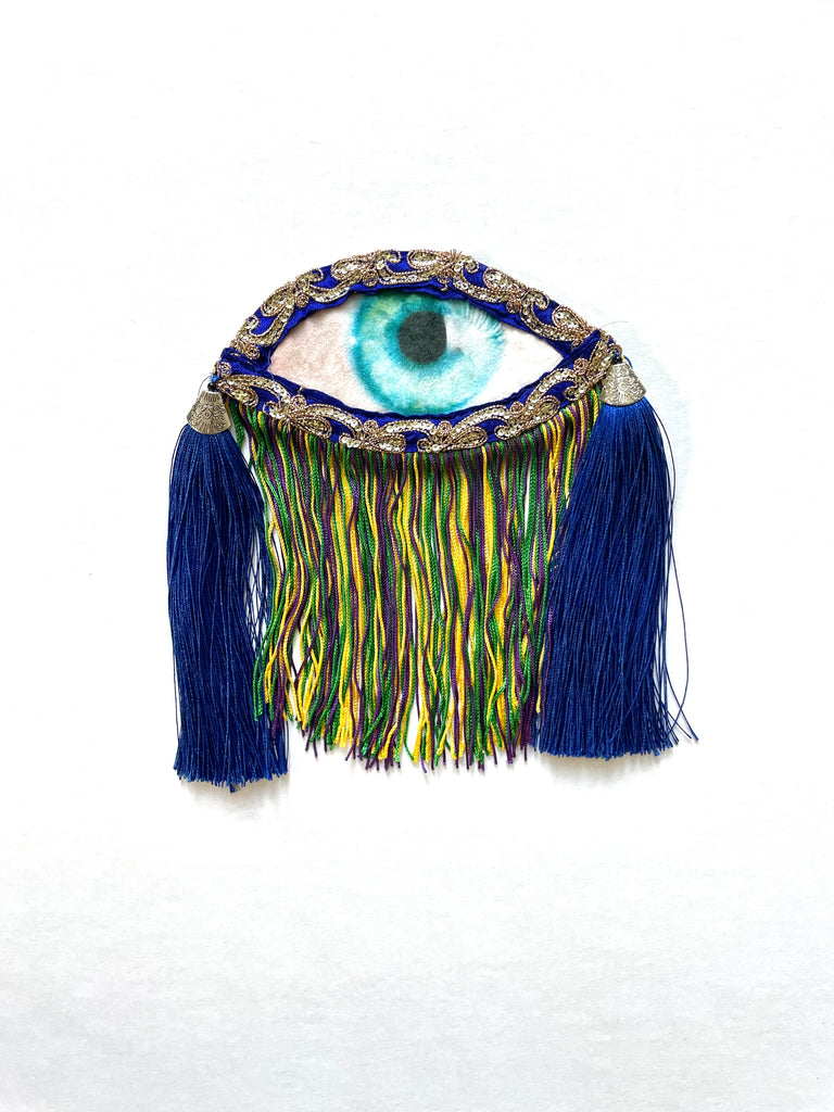 Eye with Mardi Gras Fringe and Blue Tassels Applique