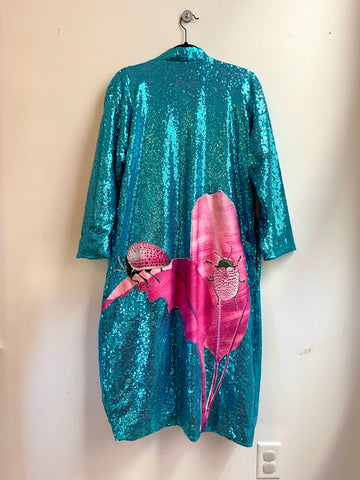 Blue Sequin Caftan with Pink Beetle and Banana Leaf Appliqué