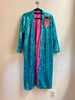 Blue Sequin Caftan with Pink Beetle and Banana Leaf Appliqué